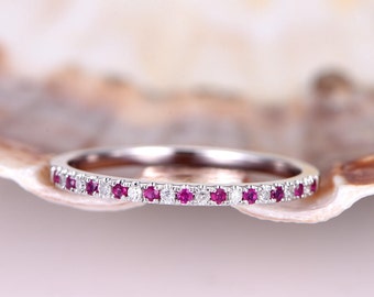 Natural ruby diamond wedding band solid 14k white gold half eternity ring matching band stacking ring anniversary ring thin band pave set