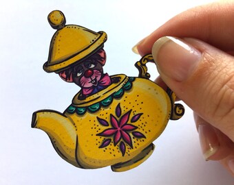Teapot Mouse Alice in Wonderland Laser Cut Wood Brooch