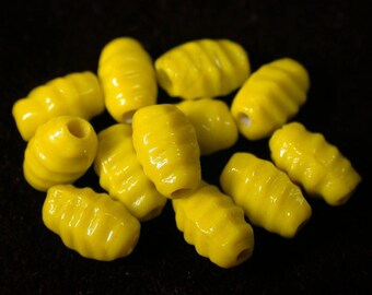 Vintage Glass Beads GERMAN YELLOW Ribbed Oval 9mm pkg12 gl332