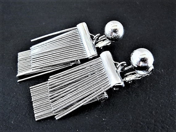 Silver Dangle Earrings, Retro Double Drops, Unsigned Silver Clip On Earrings