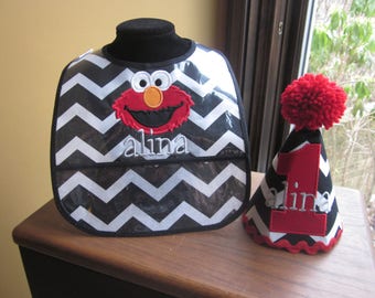 FIRST BIRTHDAY SET Birthday Hat and Matching Bib Elmo with Name Embroidered