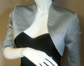 Silver/Grey Satin Bolero / Shrug / Cropped Jacket Fully Lined - UK 4-26/US 1-22 3/4 Sleeves - Formal/Wedding/Bridal