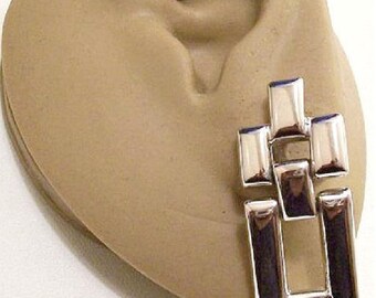 Monet Square Hoops Pierced Post Stud Silver Tone Vintage Stacked Discs Polished Mirror Finish Brushed Backs Long Dangles