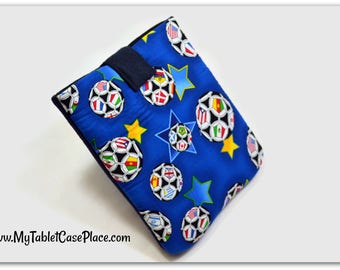 Tablet Case, iPad Cover, Soccer Ball, Sports iPad Mini Case, Kindle Fire Cover, Tablet Sleeve, Cozy, Handmade, FOAM Padding, Gift, Blue