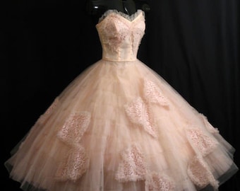 Vintage 50's 50s STRAPLESS Emma Domb Pink Tulle Lace Butterflies Party Prom Wedding DRESS Gown