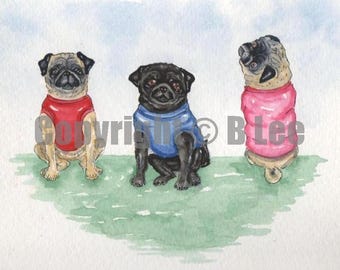 ORIGINAL PAINTING of Pugs ... a Watercolor Painting
