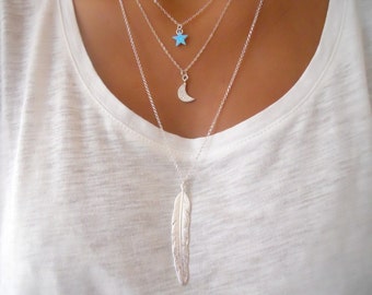 Silver Feather Long Necklace. Layering Silver Necklace. Sterling Silver Necklace.