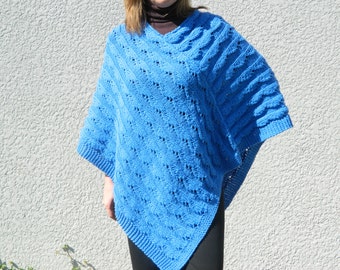 Poncho wrap shoulders warmer in cobalt blue hand made knitted lacy pattern chunky cotton