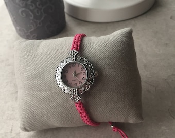 Silver Watch Pink Macrame Bracelet