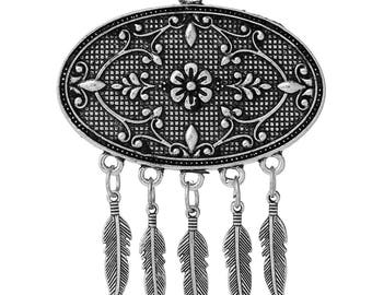 74 mm x 59 mm Antique Silver Pendant, Flowers and Feathers (1344)