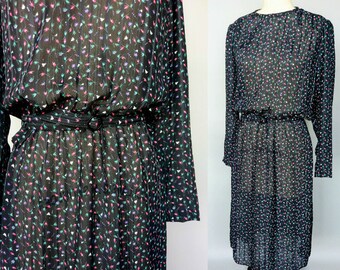 petals / 1980s sheer black floral long sleeve dress / medium - large