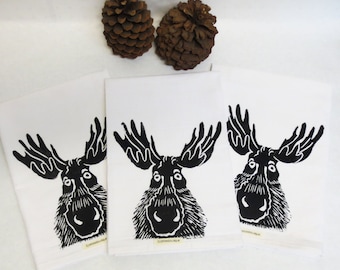 Cotton huck Tea Towel or Dish Towel with Moose Face Hand Block Print Print
