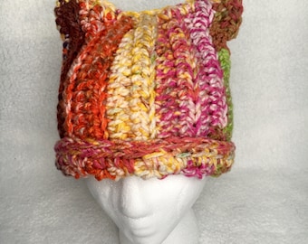 Rainbow Cat Hat, Multicolored Cat Beanie, Pink Crochet Hat, Pink Hat, Pink Beanie, READY TO SHIP