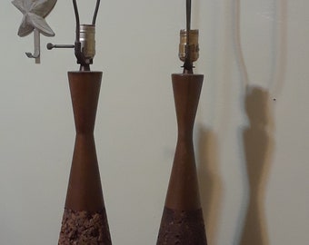Mid-Century Cork & Wood Tall Table Lamps Danish style 37" Vintage