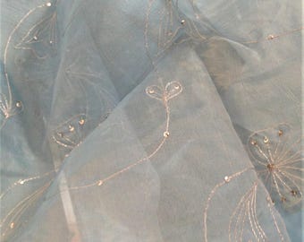 Blue Organza Fabric Embroidered with Silver Thread and Sequins