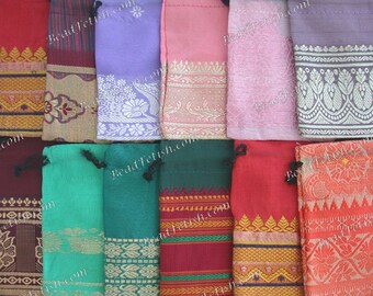 Recycled Sari Drawstring Gift Bags, 12 ~ 4 x 3" Fabric Gift Bags, Multi Colored Gift Bags, Bohemian Gift Bags, Handcrafted Bags MS-034-19
