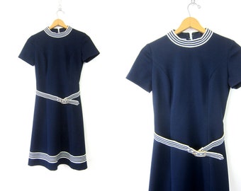 70s Dress Blue & White Stripe MOD Retro Belted Dress Vintage 1970s High Neck Short Sleeve Stewardess Dress Women's Size Medium