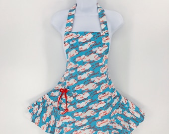 Womens Apron Retro Simpsons Ruffled Kitchen Apron Flirty Kitschy Cute Hostess Aprons for Women enchiladamama