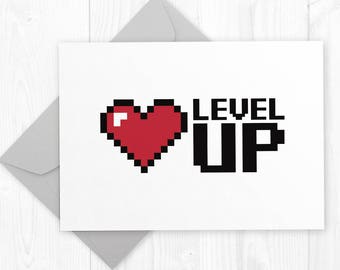 Level UP - geeky gamer birthday printable card for boyfriend - geeky anniversary greeting card - nerdy promotion card for coworker
