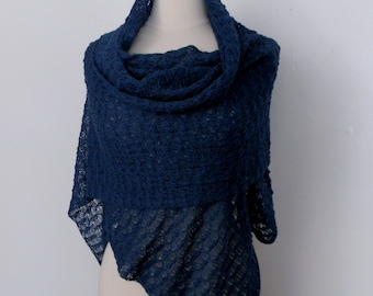 Knitted lace shawl / wrap / scarf, teal green color, alpaca silk blend