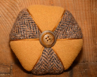 Tan and Herringbone, Hexagon Two-Wool Pincushion