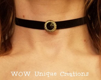 Black and gold button choker, velvet chokers, black velvet choker, button choker, button necklace, unique chokers