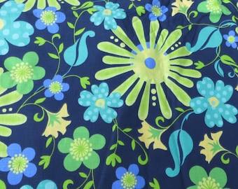 71" Long Bright and Bold Flower Power Design Cotton Fabric Fabric Traditions Navy Blue and Lime Green Turquoise and Yellow