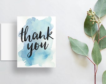 Watercolor Splash Thank You Cards / Bright Blue Watercolor / Brush Hand Lettering / Thank You Notes / Printed Folded Thank You Cards