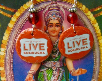 Live Kombucha Recycled bottle cap earrings, Upcycled bottle cap earrings, Recycled Kombucha bottle cap earrings
