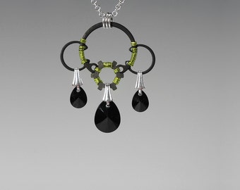 Black Swarovski Crystal Pendant, Peridot Wire Wrapping, Swarovski Necklace, Jet Swarovski Crystal, Industrial Jewelry, Dysnomia v4