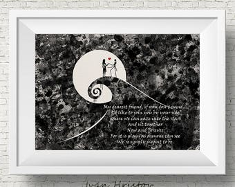 The Nightmare Before Christmas 1 inspired, Jack and Sally, Quote, Watercolor print,Nursery art, Kids Room Decor, Poster, print