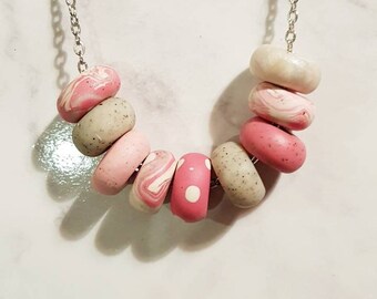 So fun "strawberries, cookies and cream" Polymer Clay Pink beaded necklace on 60cm chain.