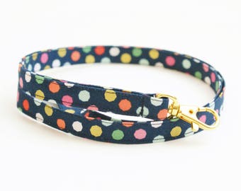 Navy Skinny Lanyard - Multi Colored and Metallic Gold Dots - Cute Thin Lanyard - 1/2 Inch Key Lanyard - Long Key Strap - Teacher Lanyard