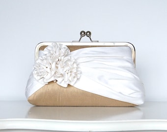 Roses Silk Clutch in Tan and Ivory, Wedding clutch, Wedding purse, Bridesmaid clutch