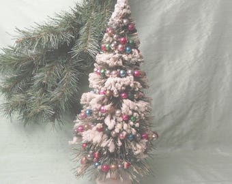 Green bottle brush flocked Christmas tree with glass beads / tall vintage 13 inch holiday decoration