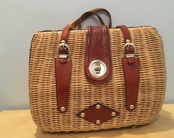 Vintage Wicker or Straw Handbag with Leather Accents