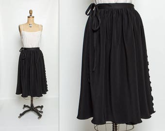 vintage 70s black wrap skirt | crinkle pleat midi