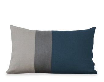Lake Colorblock Pillow Cover with Stone Grey Stripe and Natural Linen by Jillian Rene Decor - Dark Teal - Decorative Pillow Fall 2015 FW2015