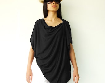 NO.60 Black Cotton-Blend Jersey Origami Top, Asymmetrical T-Shirt