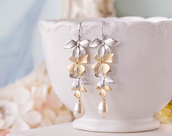 Bridal Earrings in Silver and Gold, Wedding Jewelry, Bridesmaid Earrings, Orchid Flower Teardrop Cream Pearl Long Dangle Earrings