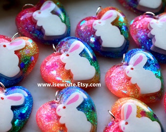 Easter Gift Necklace, Easter Bunny Jewelry, Easter Girls Jewelry, Girl Easter Gift, Bunny Necklace Jelly Bean Colors Heart Charm by isewcute