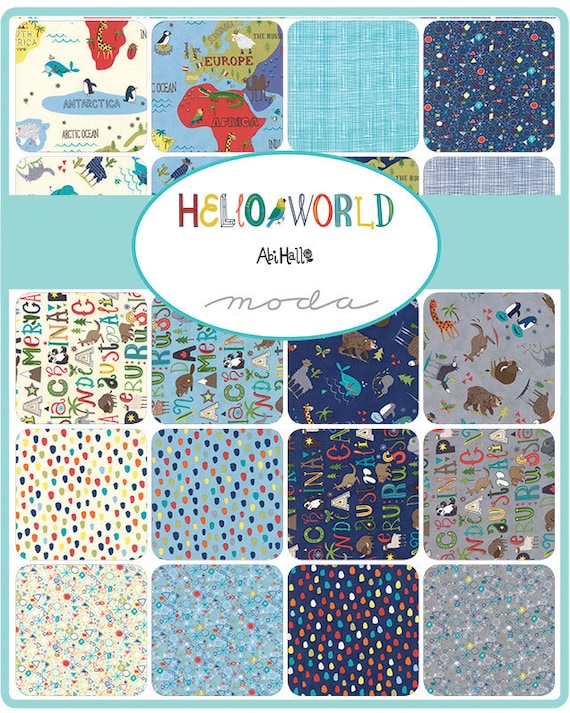 hello world charm pack moda 5 inch precut fabric squares childrens world map fabric juvenile animal fabric baby quilt fabric from jambearies on
