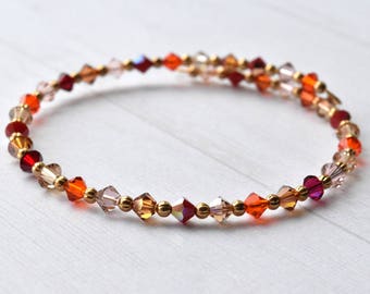 Bead Bracelet, Crystal Bracelet, Gift for Her, Red Gold Orange, Metallic Beads, Bead Bangle, Bracelet UK