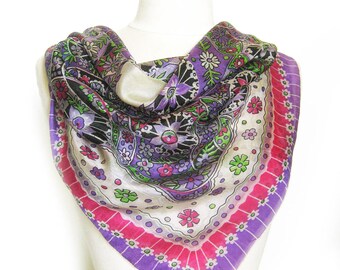 1950s Vintage SILK Scarf / Floral and Paisley Print Scarf / Rolled Hem / Sheer Scarf in Pink and Purple / Gift for Her / Neck Scarf