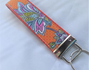 Key Fob Key Chain Wristlet in Fantasia Floral in Orange - designer fabric Keychain