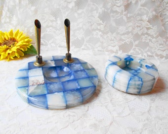 Marble Desk Set Vintage Blue & White Marble Ink Pen Well and Ashtray Set Brass Ink Pen Holders Man Cave Office Home Decor