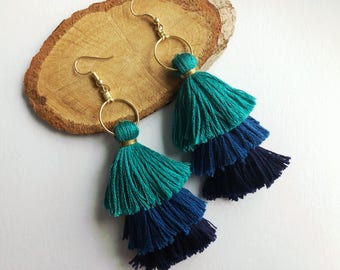 3-Tiered Blue Tassel Earrings with Hoop