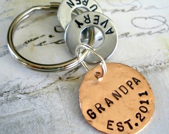Grandpa Gift Personalized Christmas Keychain - Grandparent Birthday - Hand Stamped Key Chain - GRANDPA EST. Washer Key Chain and Copper Disc