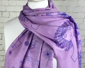 Pashmina boho scarf shawl scarf for girlfriend wife gift scarf purple pashmina scarf silk & pashmina blend handprinted Art Deco heads design