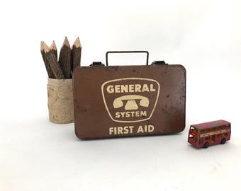 First Aid Kit - Vintage General System Brown Metal First Aid Box - Medical Kit - First Aid Box - Telephone - Medical Supply Company